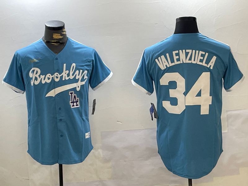 Men Los Angeles Dodgers #34 Valenzuela Light Blue Game 2024 Nike MLB Jersey style 10295